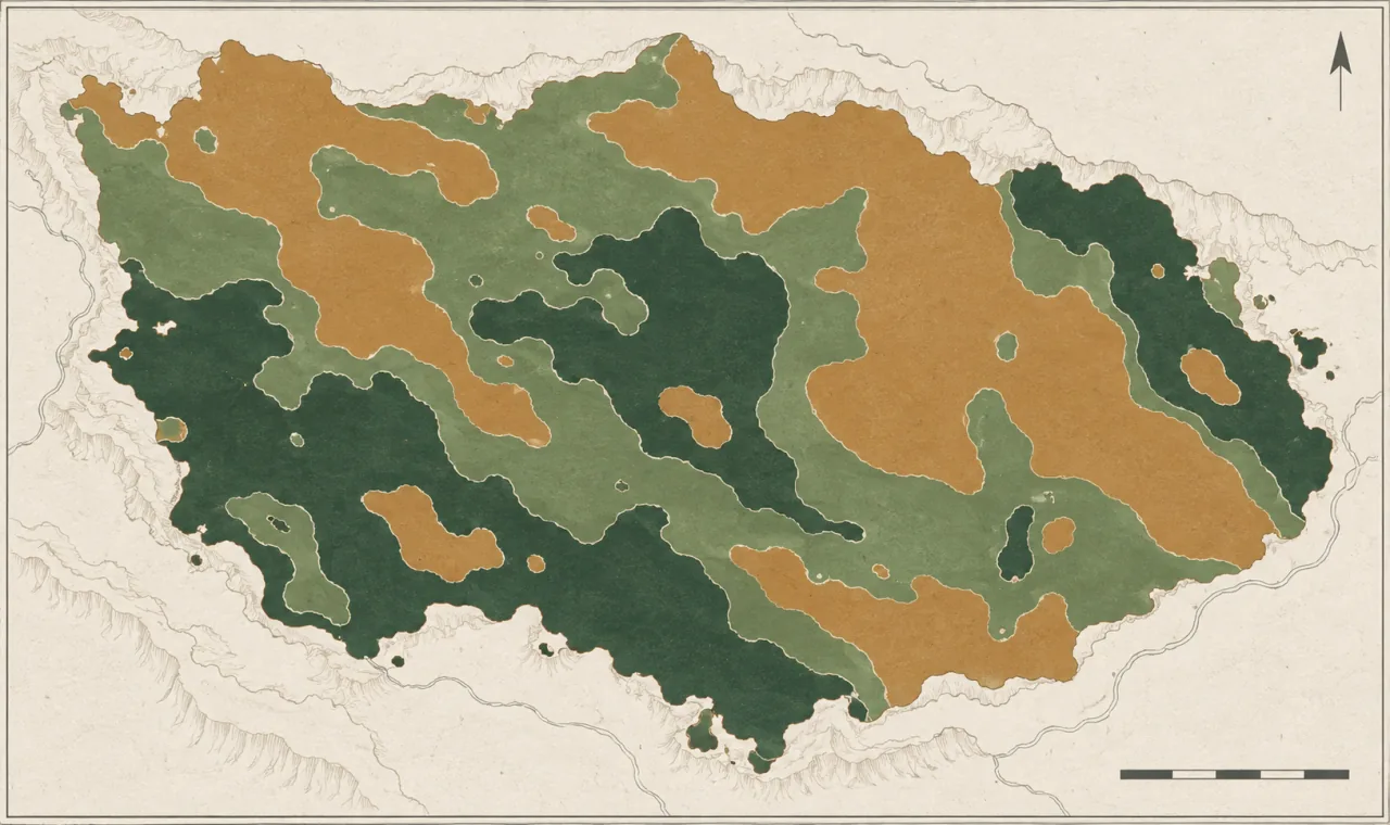 Carte pédologique schématique d’un plateau, zones d’argile en trois teintes, avec flèche du nord et échelle graphique