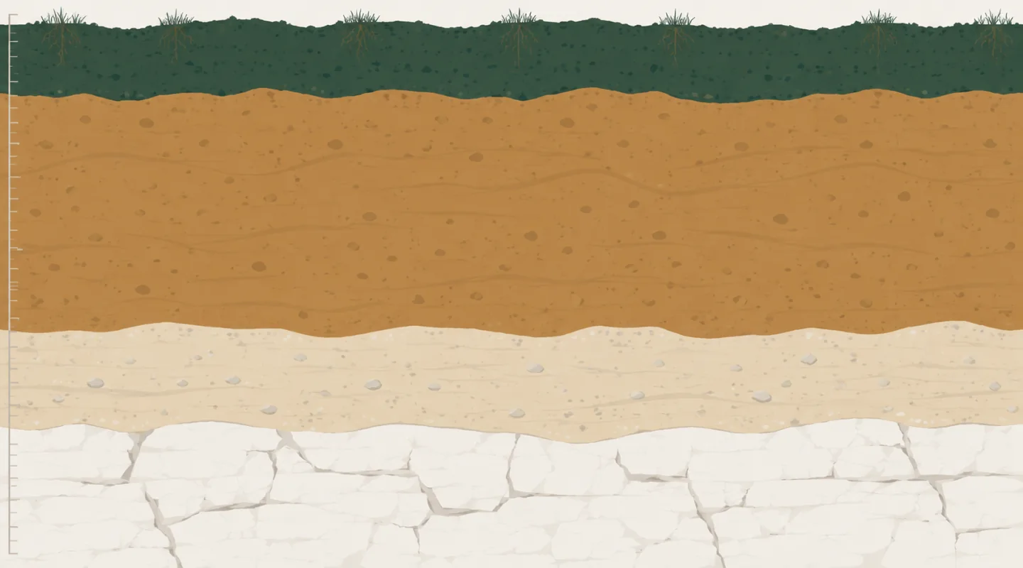 Coupe de sol en quatre strates : terre végétale en surface, épaisse couche d’argile ocre, transition claire et roche calcaire fissurée, avec une règle de profondeur à gauche
