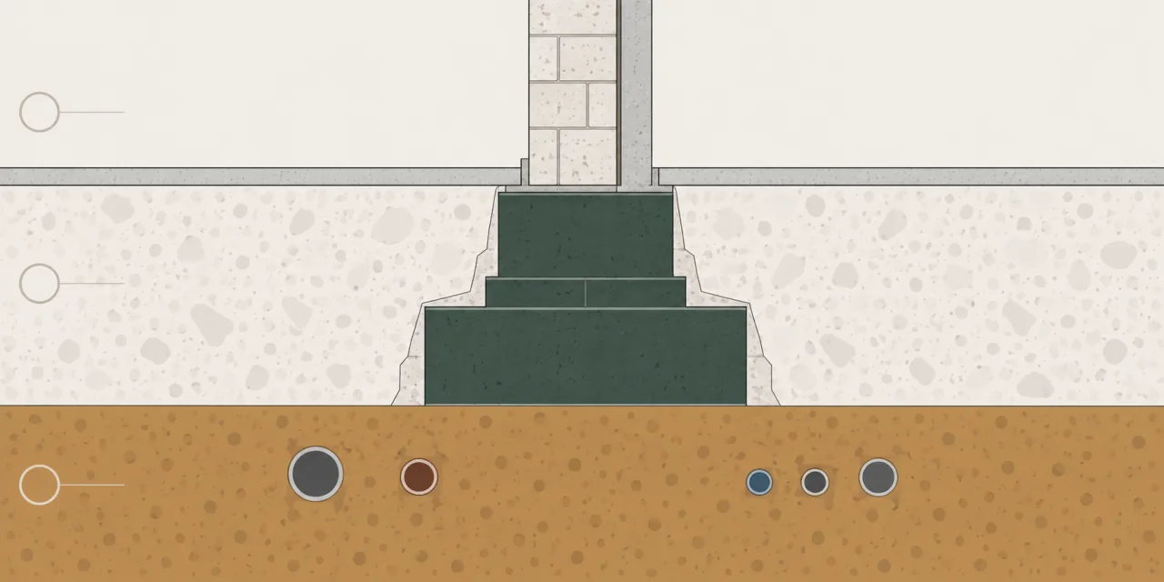 Coupe de terrain à trois niveaux : gaines enterrées en bas, semelle de fondation étagée au-dessus, puis la surface et le départ d’un mur, avec trois repères d’ordre à gauche