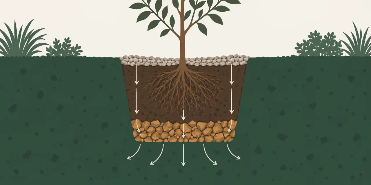 Coupe d’une fosse de plantation : lit de graviers drainant au fond, terre de plantation au-dessus, paillage minéral en surface, des flèches figurant la descente de l’eau dans la masse argileuse
