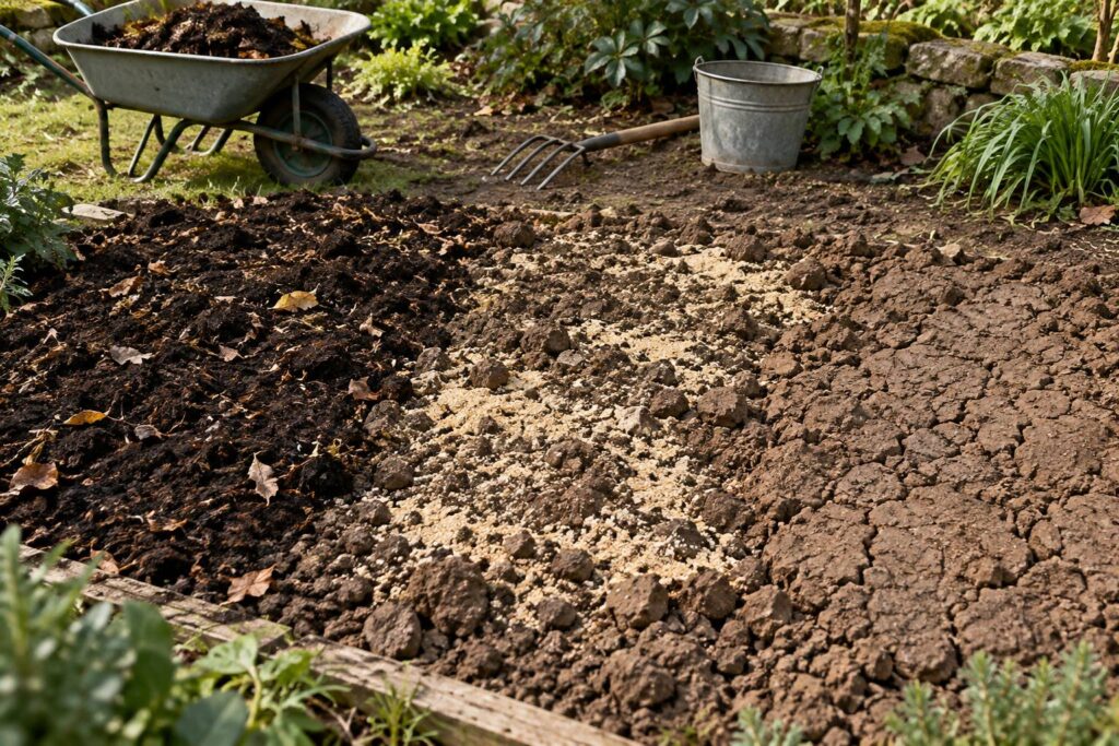 Illustration éditoriale du sujet : Amender un sol argileux : compost, sable ou rien du tout
