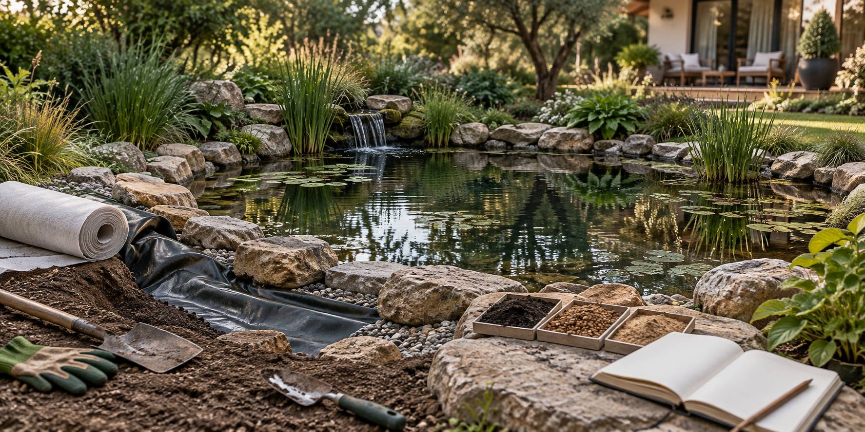 Illustration éditoriale du sujet : Bassin de jardin : étanchéité, entretien et déclaration