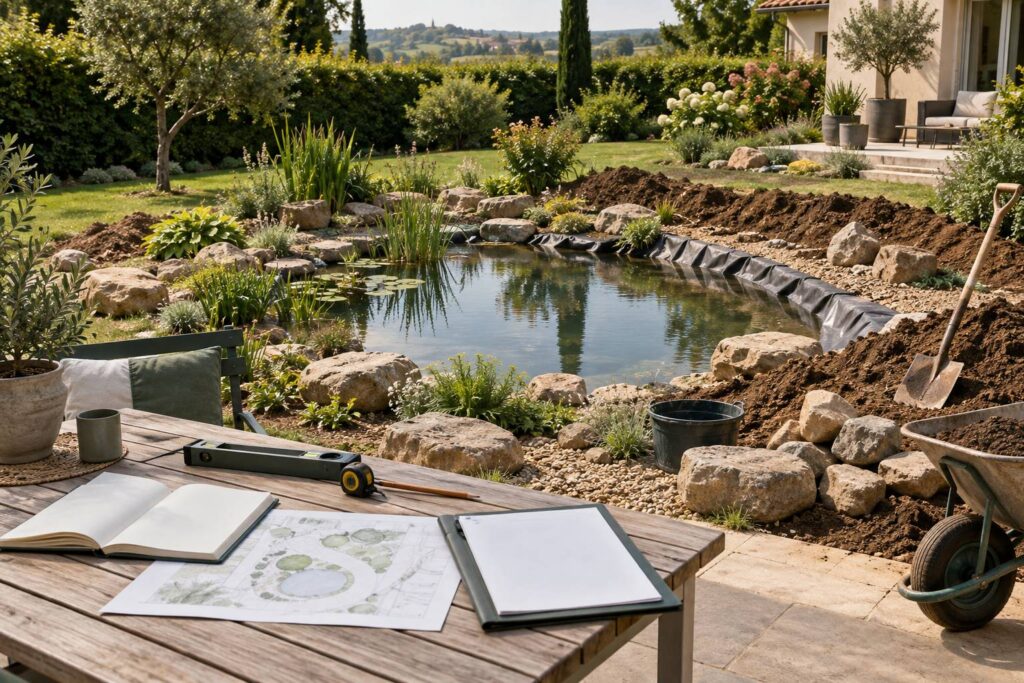 Illustration éditoriale du sujet : Bassin de jardin : étanchéité, entretien et déclaration