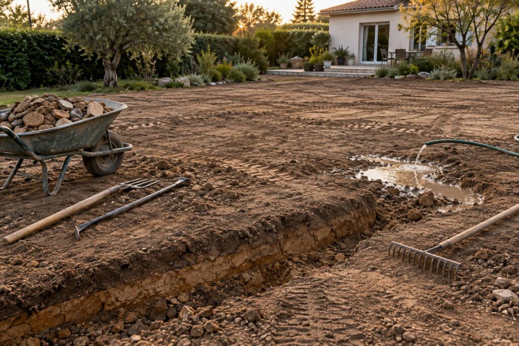 Illustration éditoriale du sujet : Décompacter un terrain après chantier : méthodes et délais