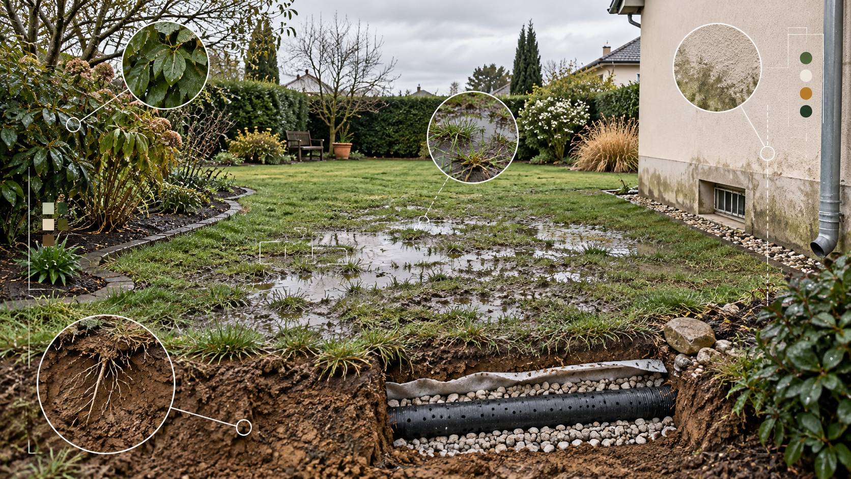 Illustration éditoriale du sujet : Drainage de jardin : quand il est vraiment nécessaire
