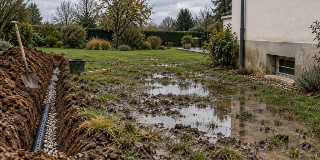 Illustration éditoriale du sujet : Drainage de jardin : quand il est vraiment nécessaire