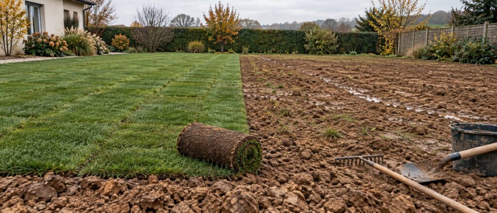 Illustration éditoriale du sujet : Engazonnement : placage ou semis, lequel tient sur l'argile