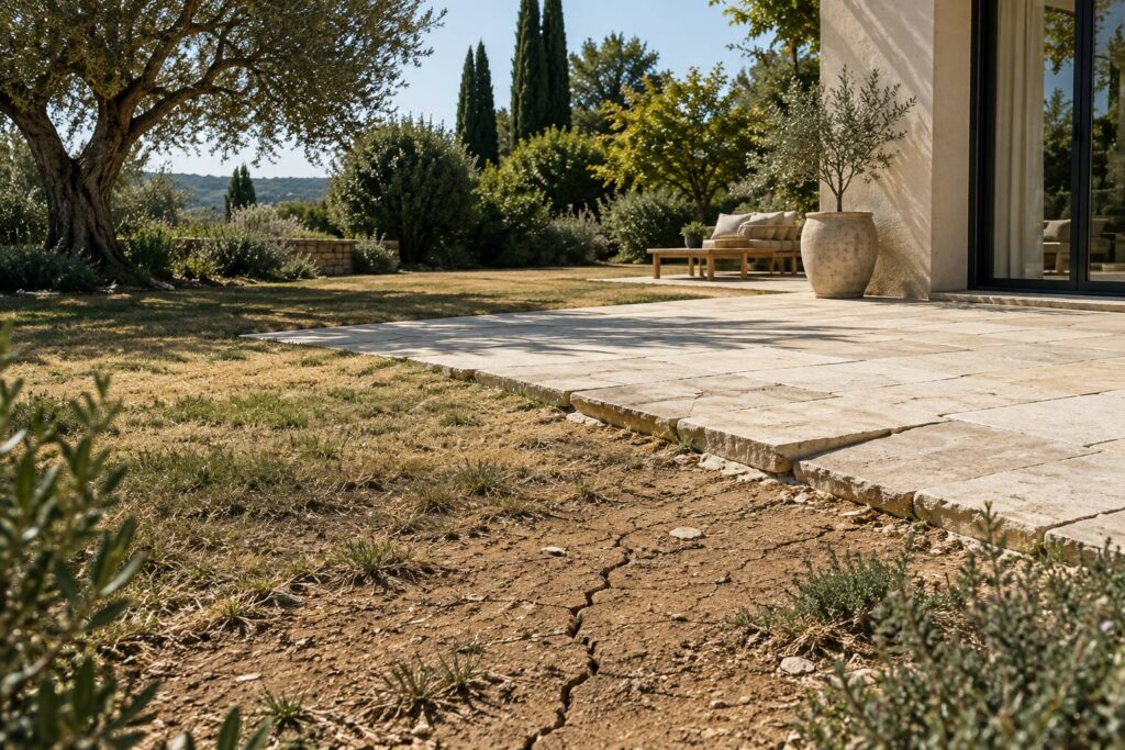 Dallage de jardin souleve et terre fissuree en bordure de maison