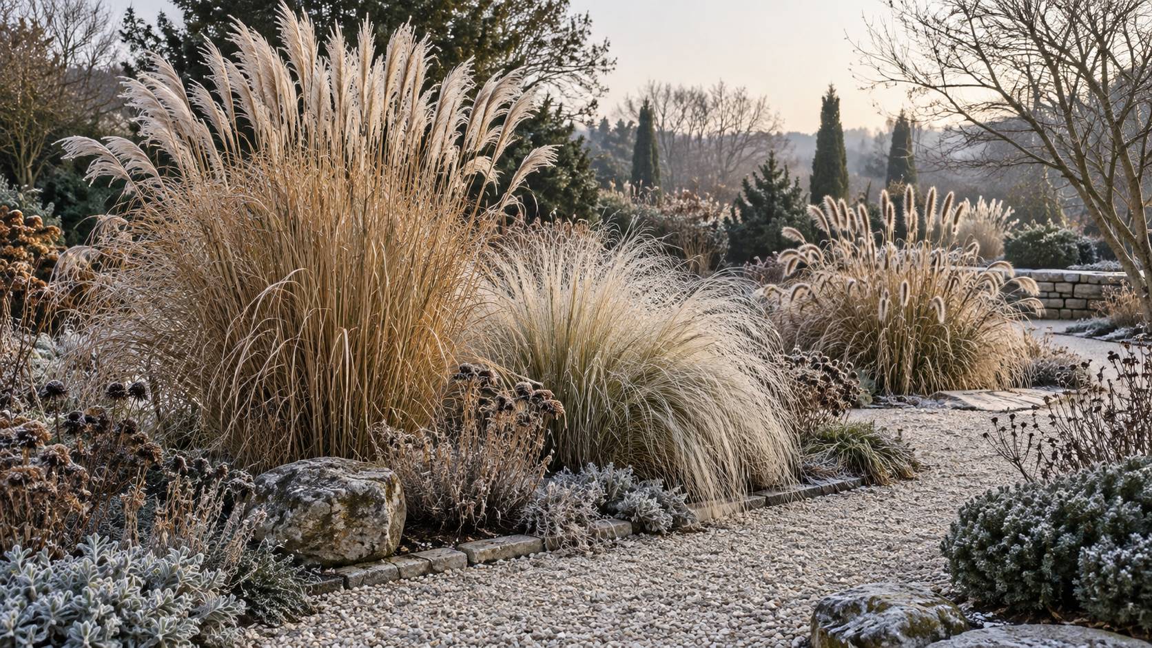 Illustration éditoriale du sujet : Graminées ornementales : la structure d'hiver du jardin sec