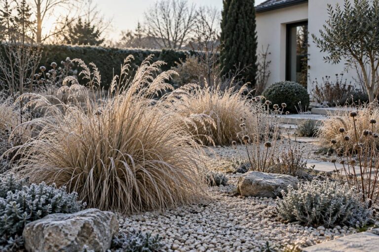 Graminées ornementales : la structure d&rsquo;hiver du jardin sec