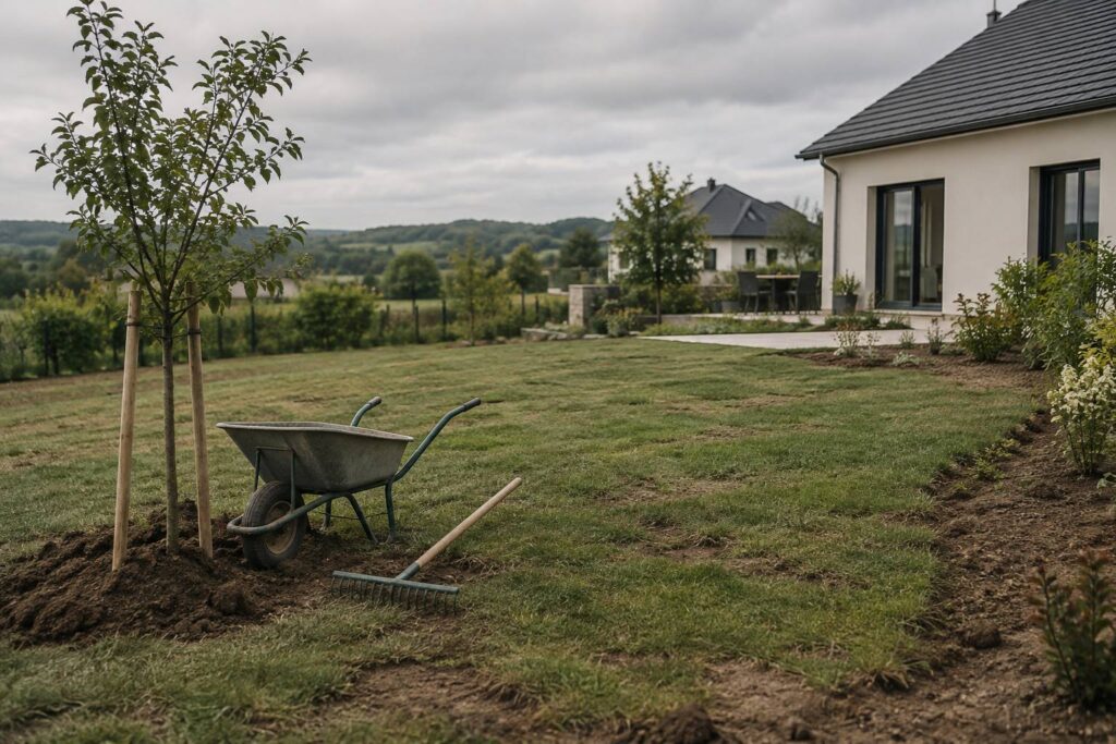 Jardin de maison neuve avec pelouse recente et brouette