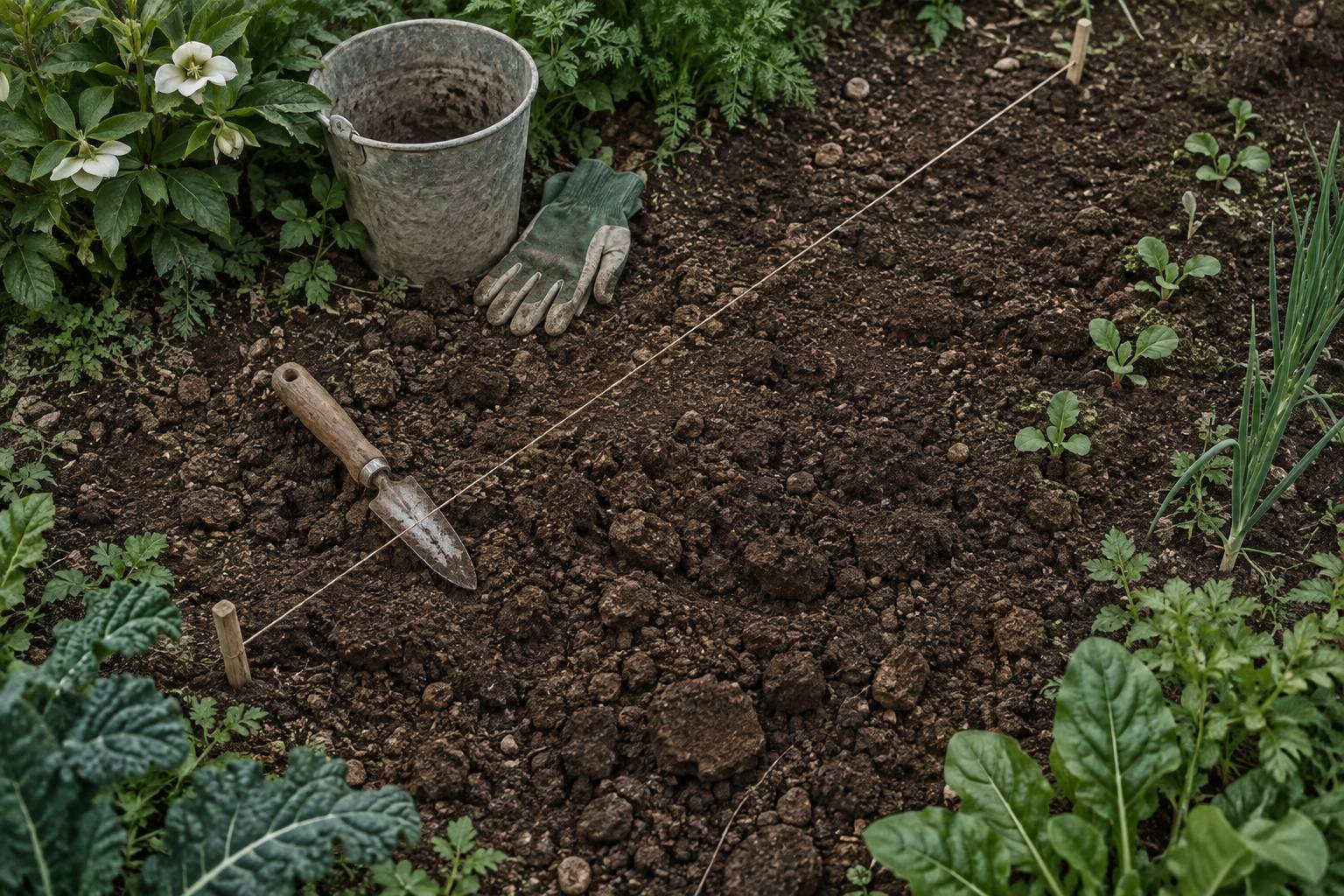 Coin de terrain travaille avec plantoir, cordeau et seau