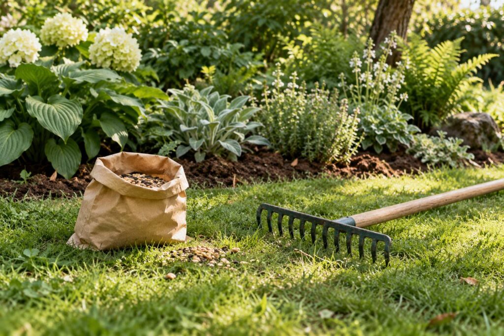 Zone de pelouse semi-ombragee avec sac de semences et rateau dans un jardin