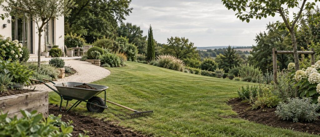 Jardin en pente douce avec pelouse rasee et allee de gravier s'eloignant de la maison