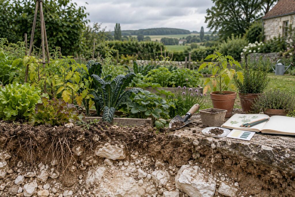 Illustration éditoriale du sujet : pH du sol et calcaire de Brie : ce que ça change aux plantes