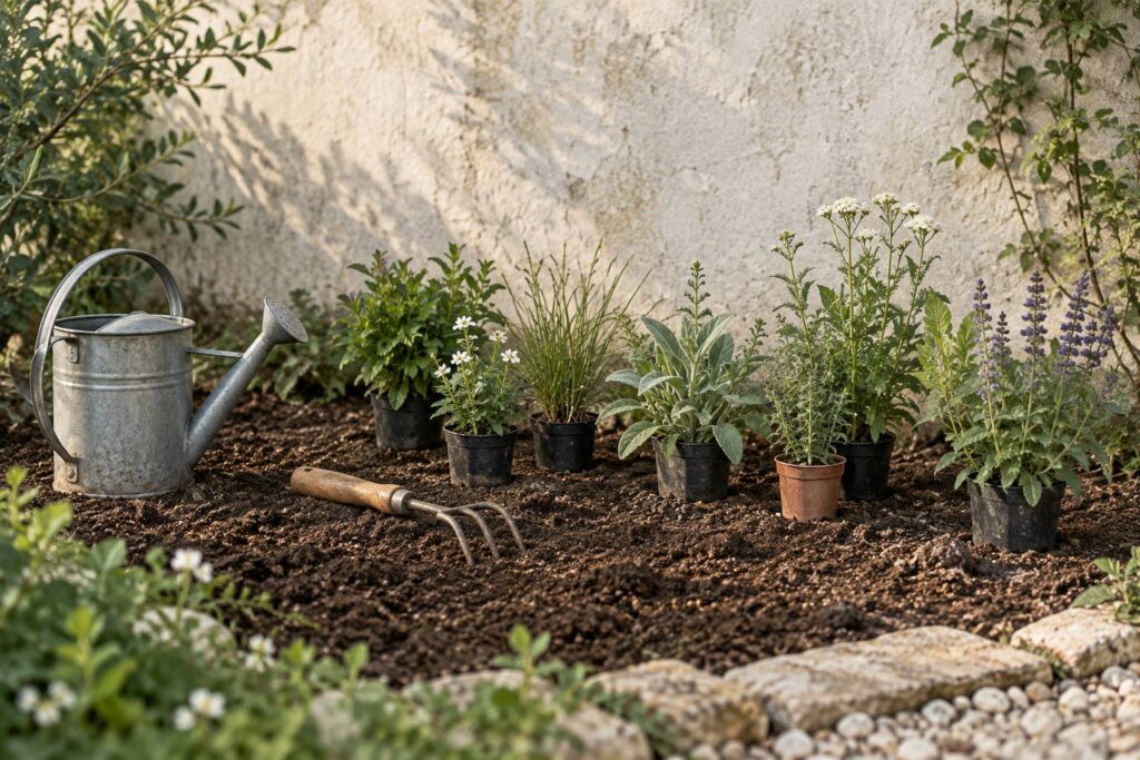 Bande de plantation au pied d'un mur avec godets de vivaces et arrosoir en zinc