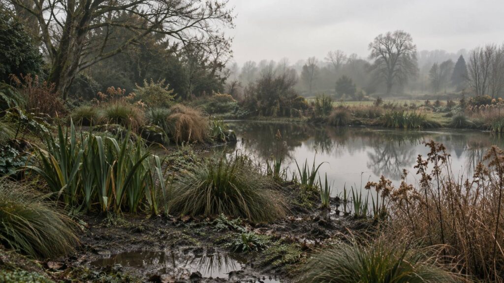 Massif de plantes de terrain humide au bord d'une piece d'eau en hiver