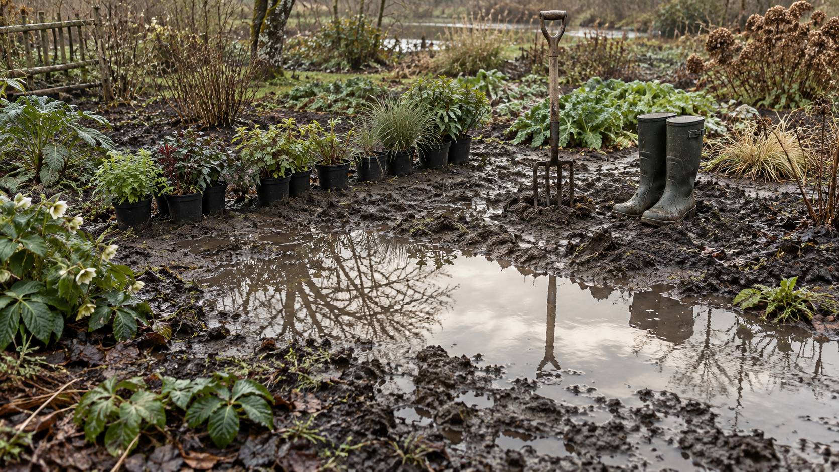 Godets de plantes et fourche-beche sur un sol de jardin detrempe