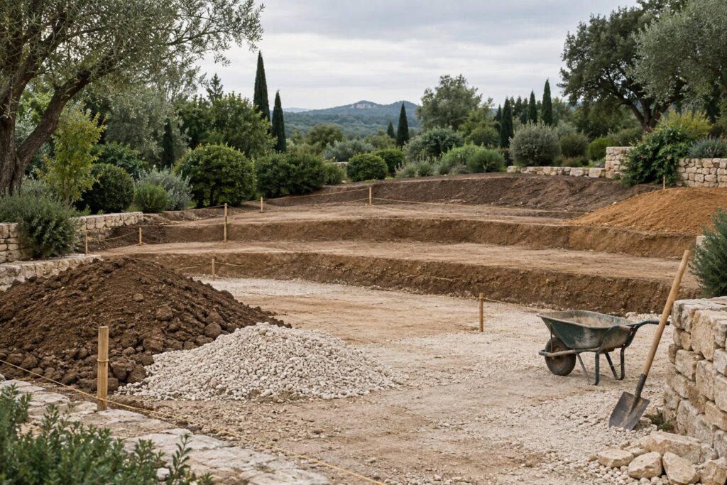 Jardin en cours d'amenagement avec terrain decaisse et piquets