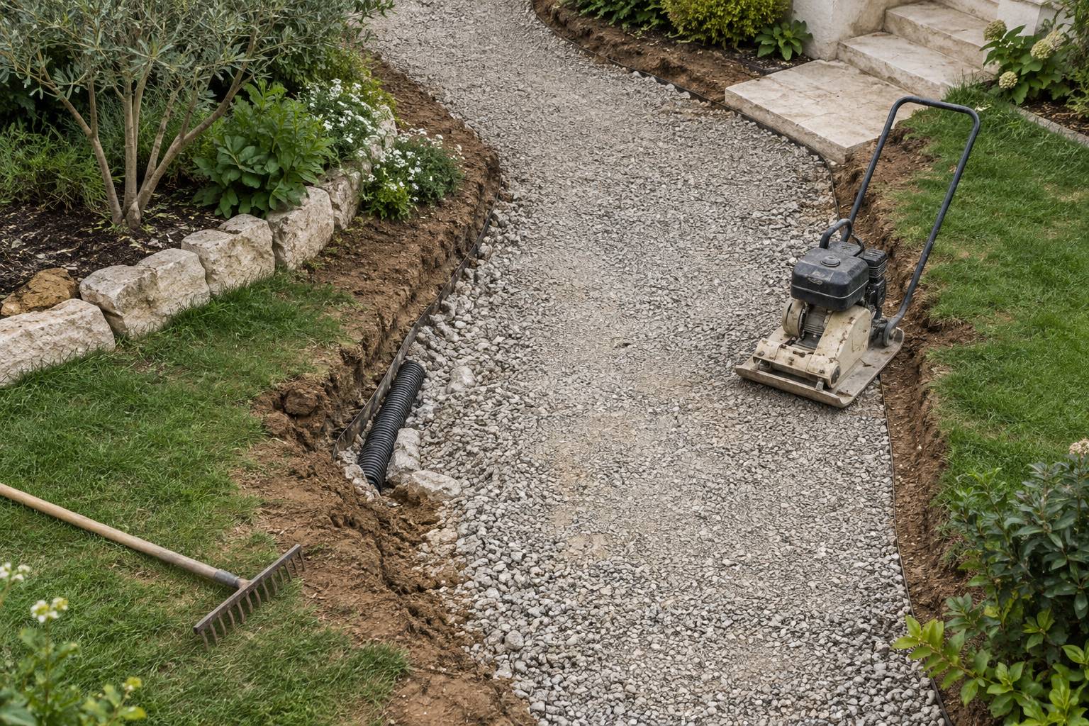 Allee de jardin en travaux avec lit de gravier et drainage