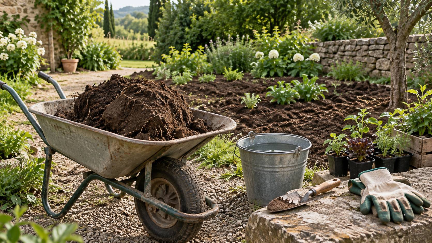 Terre végétale brune tamisée dans une brouette avec pelle et plants en godets