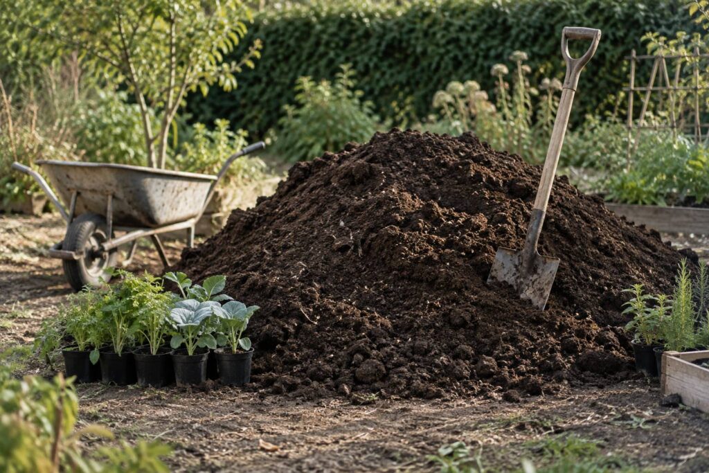 Terre végétale brune tamisée dans une brouette avec pelle et plants en godets