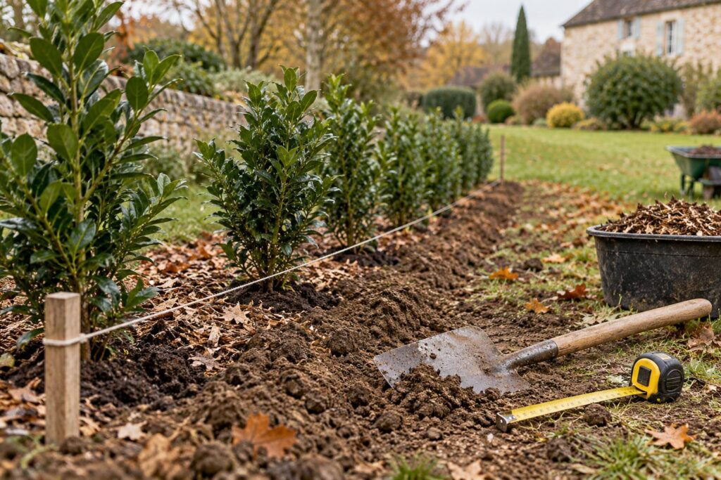 Jeunes plants de haie persistante alignés le long d'une limite de jardin
