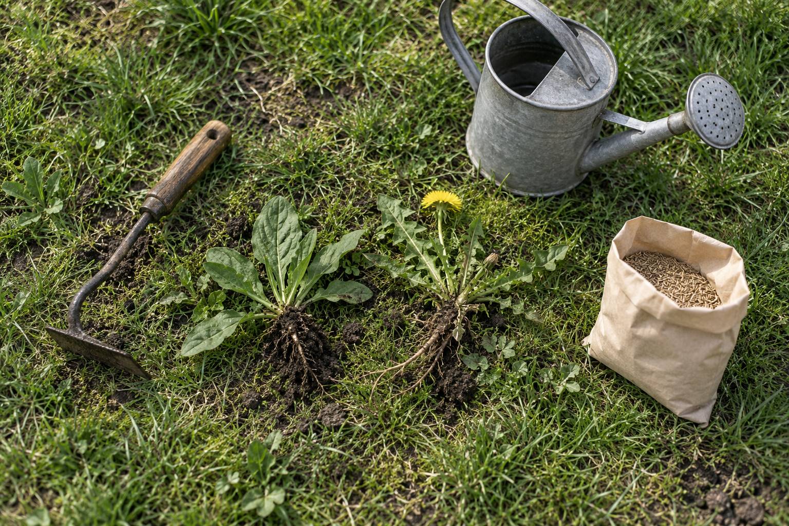 Sarcloir, herbes extraites et graines de regarnissage sur du gazon