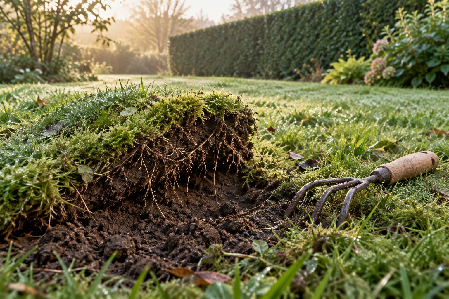 Plaque de mousse soulevee sur un gazon avec un outil de jardin