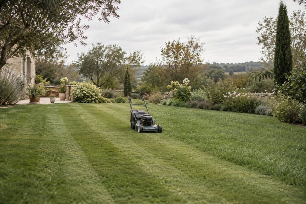 Pelouse de jardin tondue avec tondeuse et herbe fraîchement coupée