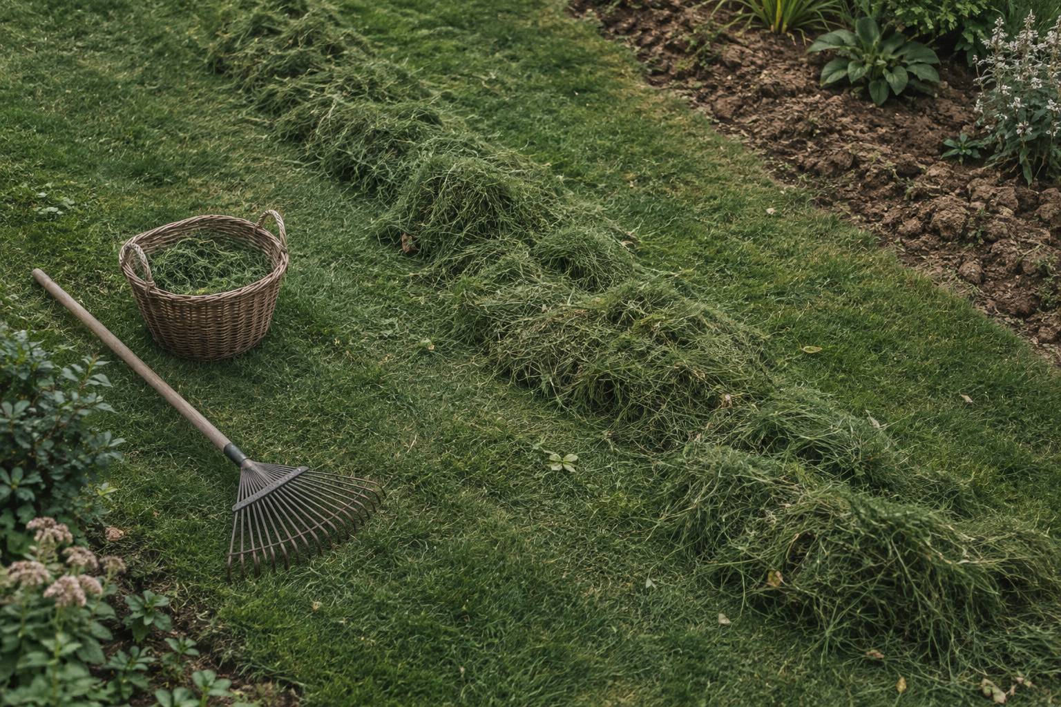 Herbe de tonte rassemblée au sol avec rateau et panier