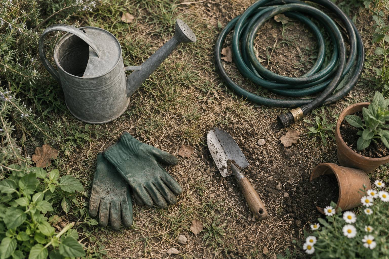 Arrosoir en métal et tuyau sur une pelouse sèche