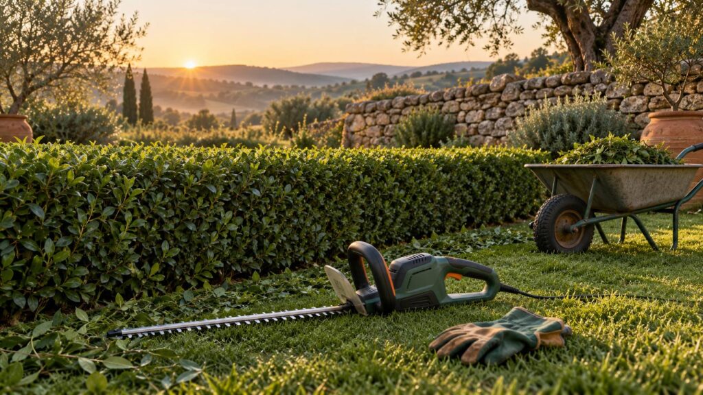 Haie taillée nette avec taille-haie posé sur l'herbe et brouette dans un jardin